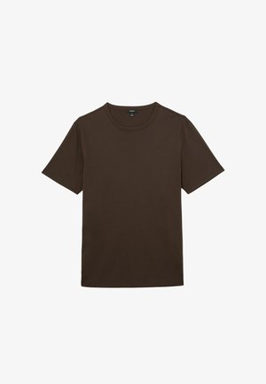 Pruun puuvillane T-särk ümara kaelusega ja lühikeste varrukatega, millel on sile, ühtlane tekstuur ja sirge äärejoon.