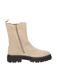 Beige Wildleder-Ankle-Boot mit seitlichem Reißverschluss, strukturiertem Obermaterial, stabiler schwarzer Sohle und einer kleinen Schlaufe auf der Rückseite für einfaches Anziehen.