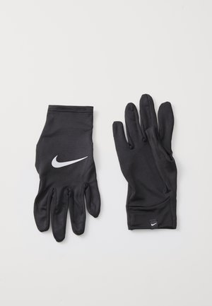 Crne sportske rukavice od glatkog materijala, s bijelim Nike logotipom na stražnjoj strani, s prilagođenim dizajnom i produženim manžetama.