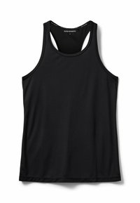 Čierny športový tielko z hladkej, ľahkej látky. Má okrúhly výstrih a dizajn s pretekárskym chrbtom. Bez vzorov alebo akcentov.