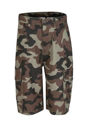 Férfi középhosszúságú cargo rövidnadrág barna, zöld és fekete terepmintával, elől gombos, övbújtatóval és oldalsó fedeles zsebekkel.
