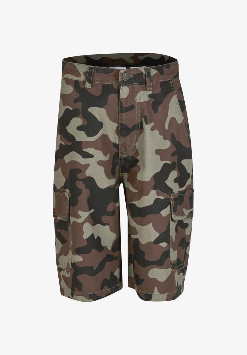 Short cargo homme mi-long avec motif camouflage marron, vert et noir, bouton avant, passants de ceinture et poches latérales à rabat.