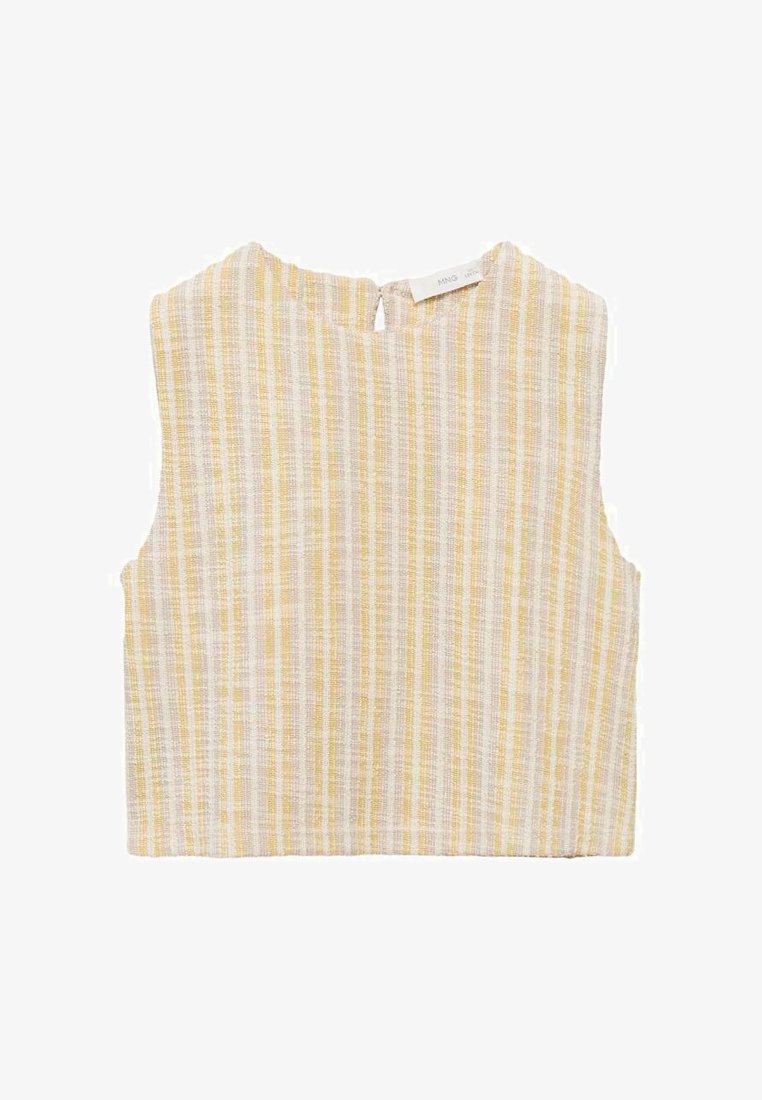 Débardeur sans manches avec un col rond en tissu rayé gris clair et jaune, comportant une ouverture au dos pour la fermeture et une finition texturée.