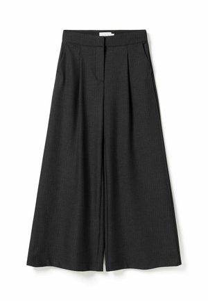 Schwarze, hoch taillierte, weit geschnittene Hose mit Frontfalten und Seitentaschen, aus einem glatt strukturierten Stoff gefertigt.