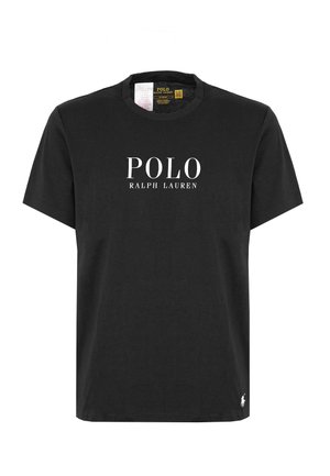 T-shirt di cotone nero con maniche corte e scollatura rotonda. La parte anteriore presenta il testo bianco "POLO RALPH LAUREN" e un piccolo logo in basso a destra.