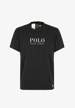 T-shirt di cotone nero con maniche corte e scollatura rotonda. La parte anteriore presenta il testo bianco "POLO RALPH LAUREN" e un piccolo logo in basso a destra.