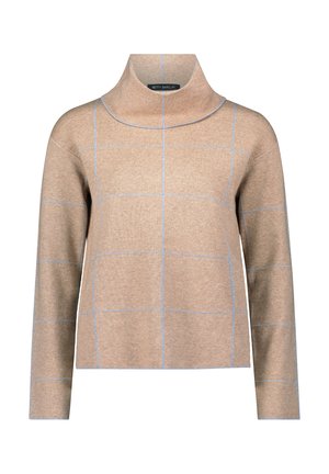 Beige Rollkragenpullover mit hellblauem Karomuster und langen Ärmeln, aus weichem Strickstoff.