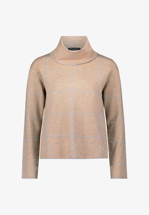 Beige rullekrave sweater med lyseblå ternet mønster og lange ærmer, lavet af blødt strikstof.