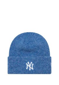 Bonnet en tricot bleu en mélange de laine texturée, avec un revers et un logo 'NY' brodé en blanc à l'avant.