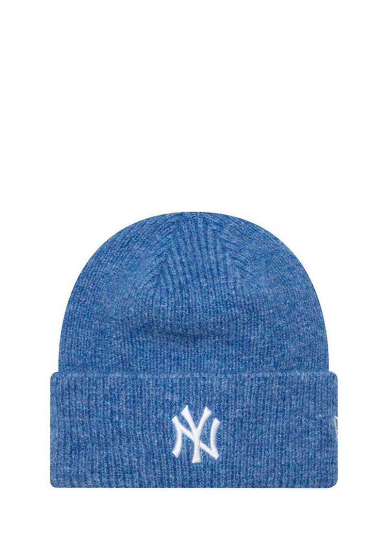 Bonnet en tricot bleu en mélange de laine texturée, avec un revers et un logo 'NY' brodé en blanc à l'avant.