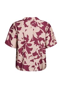 Camicia a maniche corte in tessuto beige chiaro con grande stampa floreale bordeaux. Vestibilità comoda con colletto e orlo curva.