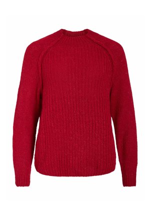 Rød strikket sweatshirt med lange ærmer, ribbet tekstur og rund halsudskæring, præsenteret mod en hvid baggrund.