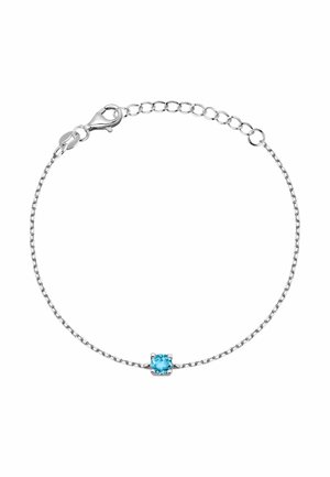 Silver chain bracelet with a small round blue gemstone set in the center and an adjustable lobster clasp closure.
