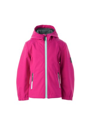 Ere roosa kapuutsiga jakk hele sinise esiluku ja lukuga küljetaskutega, mõeldud külmaks ilmaks.