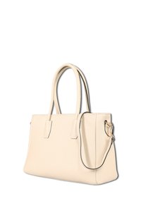 Beige tote bag van getextureerd leer, met twee handvatten bovenaan en een afneembare schouderband. Heeft een minimalistisch ontwerp en gouden hardware.