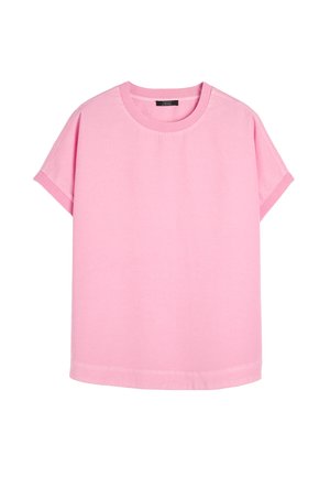 Jasnoróżowa koszulka z krótkim rękawem o okrągłym dekolcie, wykonana z miękkiej bawełny, z prostymi liniami i luźnym krojem.