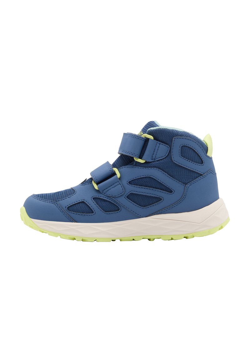 Blue high-top shoe with mesh and synthetic upper, double Velcro straps, green accents, and a textured rubber sole.