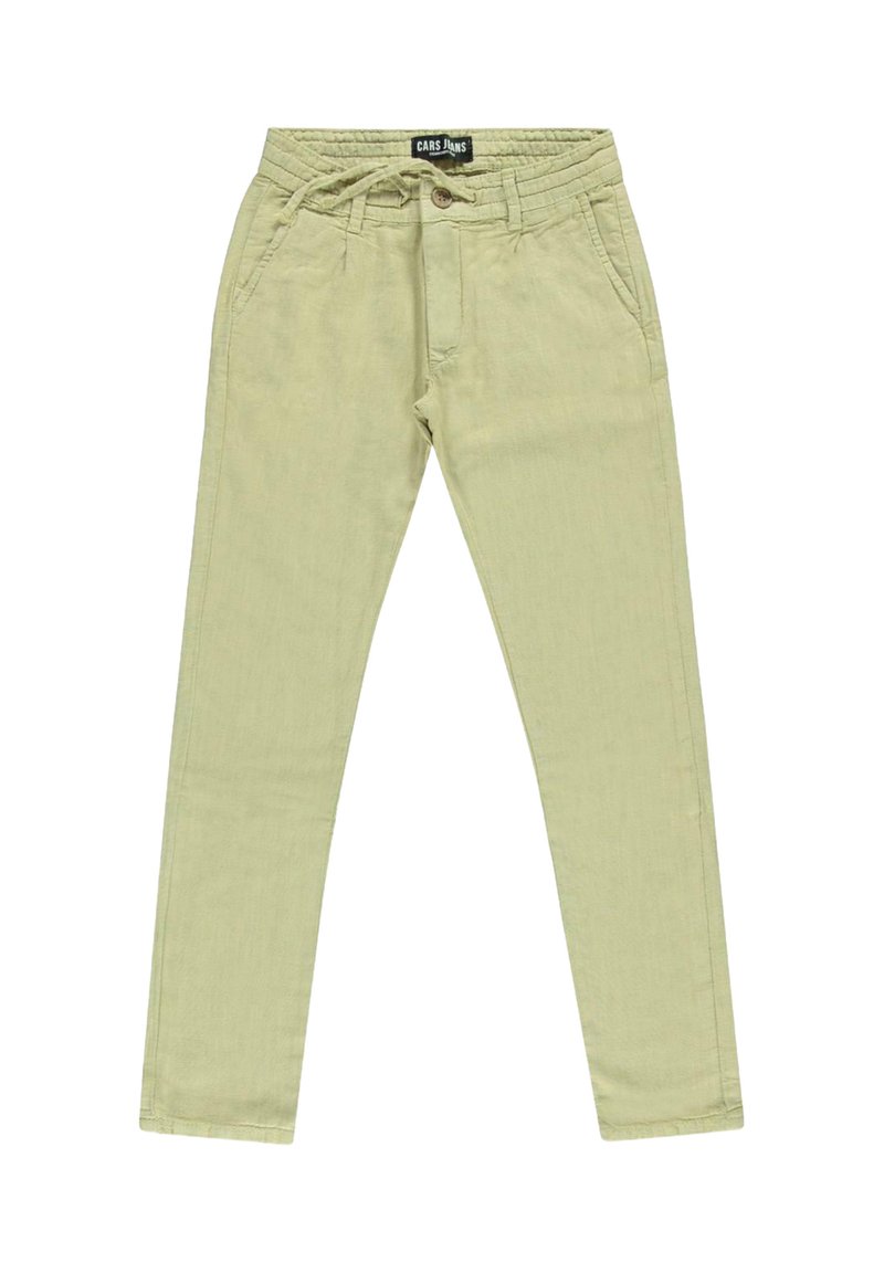 Groen katoenmengselbroek met een taillekoorden, taps toelopende pijpen, voorzakken en een subtiele gestructureerde afwerking.