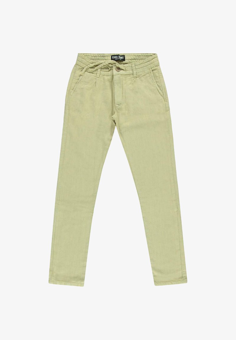 Groen katoenmengselbroek met een taillekoorden, taps toelopende pijpen, voorzakken en een subtiele gestructureerde afwerking.