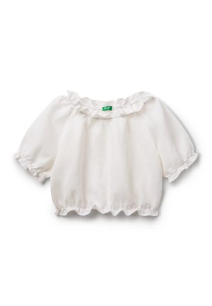 Witte blouse van lichtgewicht stof met een gerimpelde kraag en elastische mouwen. Beschikt over eenGathered zoom en een subtiele glans.