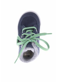 Navy suede boot with a soft gray lining, featuring green and blue patterned laces. Rounded toe and white rubber sole.