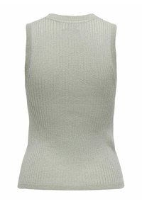 Lichte groene, mouwloze ribbel top met een hoge halslijn en een getailleerde pasvorm; heeft een subtiele glans en fijne verticale textuur.