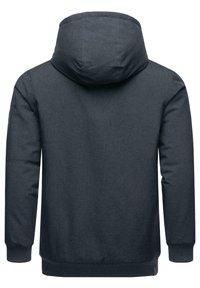 Dark gray hooded jacket with a smooth texture, elastic cuffs, and a simple design. No front pockets or visible hardware.