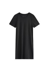 Abito t-shirt nero con maniche corte e scollatura rotonda, realizzato in tessuto morbido, caratterizzato da un design semplice e dritto senza decorazioni.