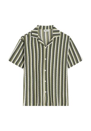 Chemise à manches courtes boutonnée avec des rayures verticales texturées en vert, blanc et noir et un col cubain.