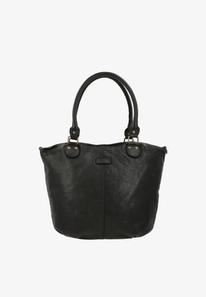 Black leather tote bag with two rounded handles and metal hardware, featuring a slightly textured surface and a small central logo patch.