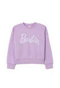 Sudadera lila con cuello redondo, hombros caídos y puños acanalados. Presenta el logo de "Barbie" en blanco brillante con acentos de estrellas.