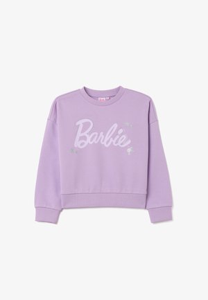 Lila Sweatshirt mit rundem Halsausschnitt, überschnittenen Schultern und gerippten Bündchen. Mit "Barbie"-Logo in glänzendem Weiß und Sternenakzenten.