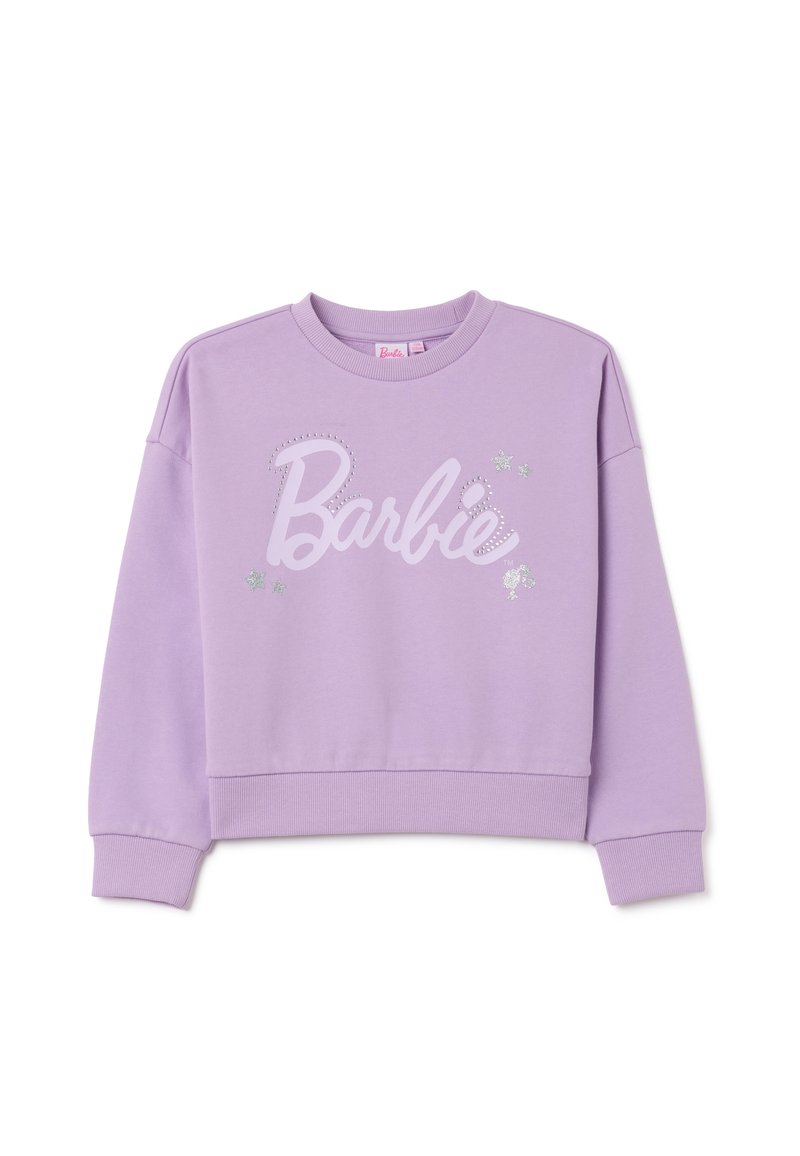 Sudadera lila con cuello redondo, hombros caídos y puños acanalados. Presenta el logo de "Barbie" en blanco brillante con acentos de estrellas.