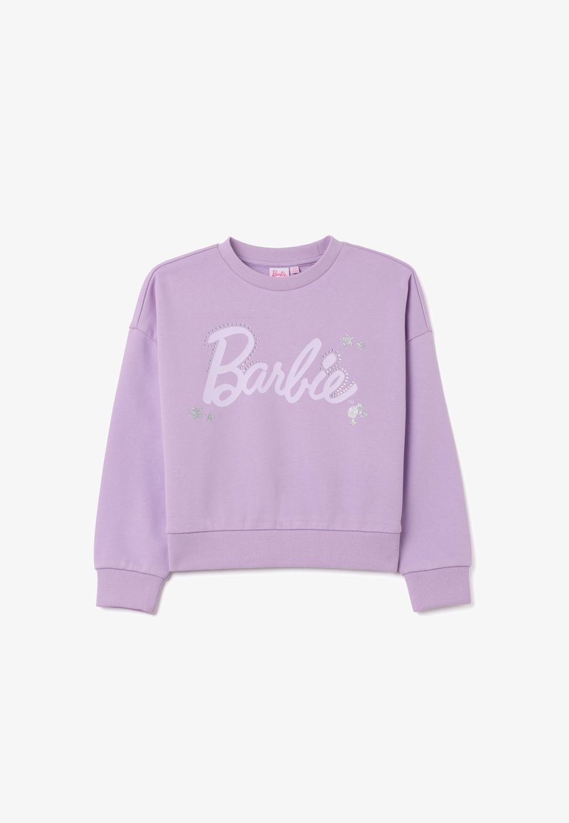Sudadera lila con cuello redondo, hombros caídos y puños acanalados. Presenta el logo de "Barbie" en blanco brillante con acentos de estrellas.