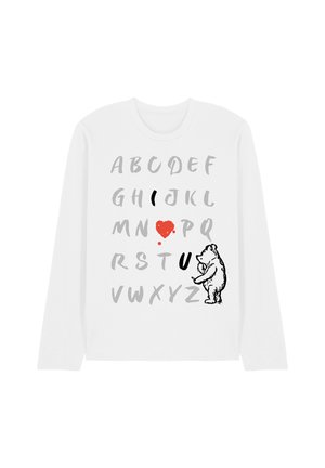 White long-sleeve shirt with alphabet letters, black letters I and U, a red heart between, and a bear holding the letter U on the lower right side.