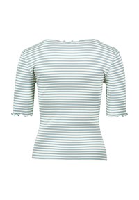 Stribet top med korte ærmer og en flæse nederst. Materialet er blødt og har lys blå og hvide striber i skiftevis mønster. Tæt sitende design.
