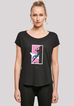 Black short-sleeve t-shirt, relaxed fit. Features a colorful graphic of a superhero on a pink background. Soft fabric, rounded neckline.