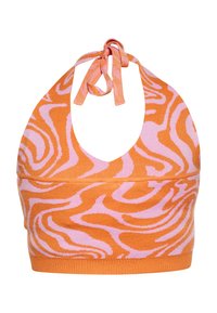 Halter top s patternom v oranžni in rožnati barvi s trakom okoli vratu. Material ima mehak otip in vključuje valovit vzorec.