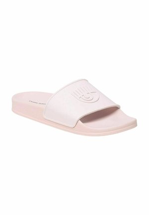 Infradito rosa con fascia larga che presenta un simbolo occhi in rilievo, materiale in gomma morbida, suola piatta e superficie liscia.