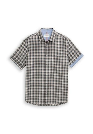 Camicia a maniche corte con bottoni, motivo a quadri in nero, bianco e grigio, taschino sul petto e polsini delle maniche azzurri.