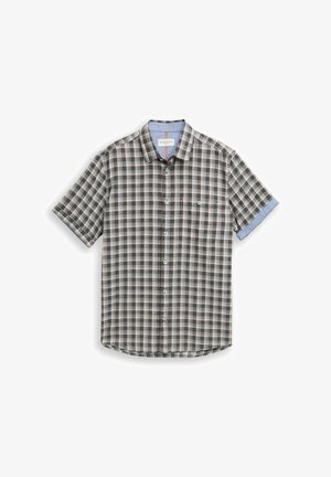 Camicia a maniche corte con bottoni, motivo a quadri in nero, bianco e grigio, taschino sul petto e polsini delle maniche azzurri.