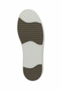 Suola di sneakers con una superficie in gomma bianca texturizzata, una sezione striata marrone e un motivo a rombi, progettata per aderenza e comfort.