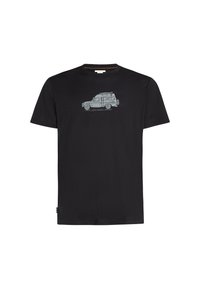 Schwarzes kurzärmliges T-Shirt aus weichem Baumwollmaterial, mit einem grauen Grafikdesign eines Fahrzeugs auf der Vorderseite. Gerundeter Ausschnitt und lockere Passform.