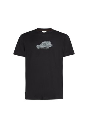 Zwart T-shirt met korte mouwen van zacht katoen, met een grijze afbeelding van een voertuig op de voorkant. Ronde halslijn en een ontspannen pasvorm.