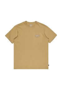 Korte-mouwen T-shirt van lichtbeige katoen, met een klein geborduurd logo op de linkerborst en een label aan de onderzijde.