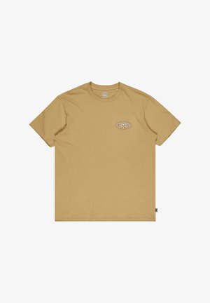 T-shirt a maniche corte in cotone beige chiaro, con un piccolo logo ricamato sul lato sinistro del petto e un'etichetta sul lato inferiore.