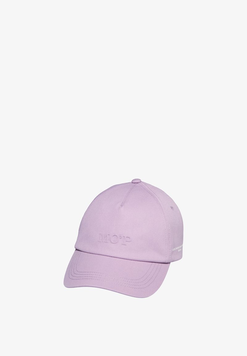 Casquette de baseball violette claire avec une visière courbée, des panneaux cousus et un texte "MOP" discrètement embossé au centre à l'avant.