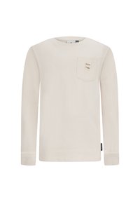 Beige t-shirt met lange mouwen, gemaakt van katoen. Bevat een borstzak met een label. Eenvoudige ronde halslijn en ribgebreide manchetten. Geen patronen of accenten.