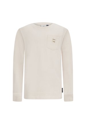Beige Langarm-T-Shirt aus Baumwolle. Mit einer Brusttasche und einem Etikett. Einfacher Rundhalsausschnitt und gerippte Bündchen. Keine Muster oder Akzente.