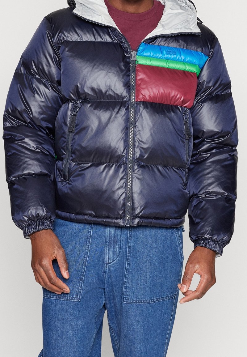 Doudoune matelassée bleu marine avec une finition brillante. Dispose d'une section poitrine bicolore en bordeaux, vert et bleu, avec des poignets élastiques et une capuche.
